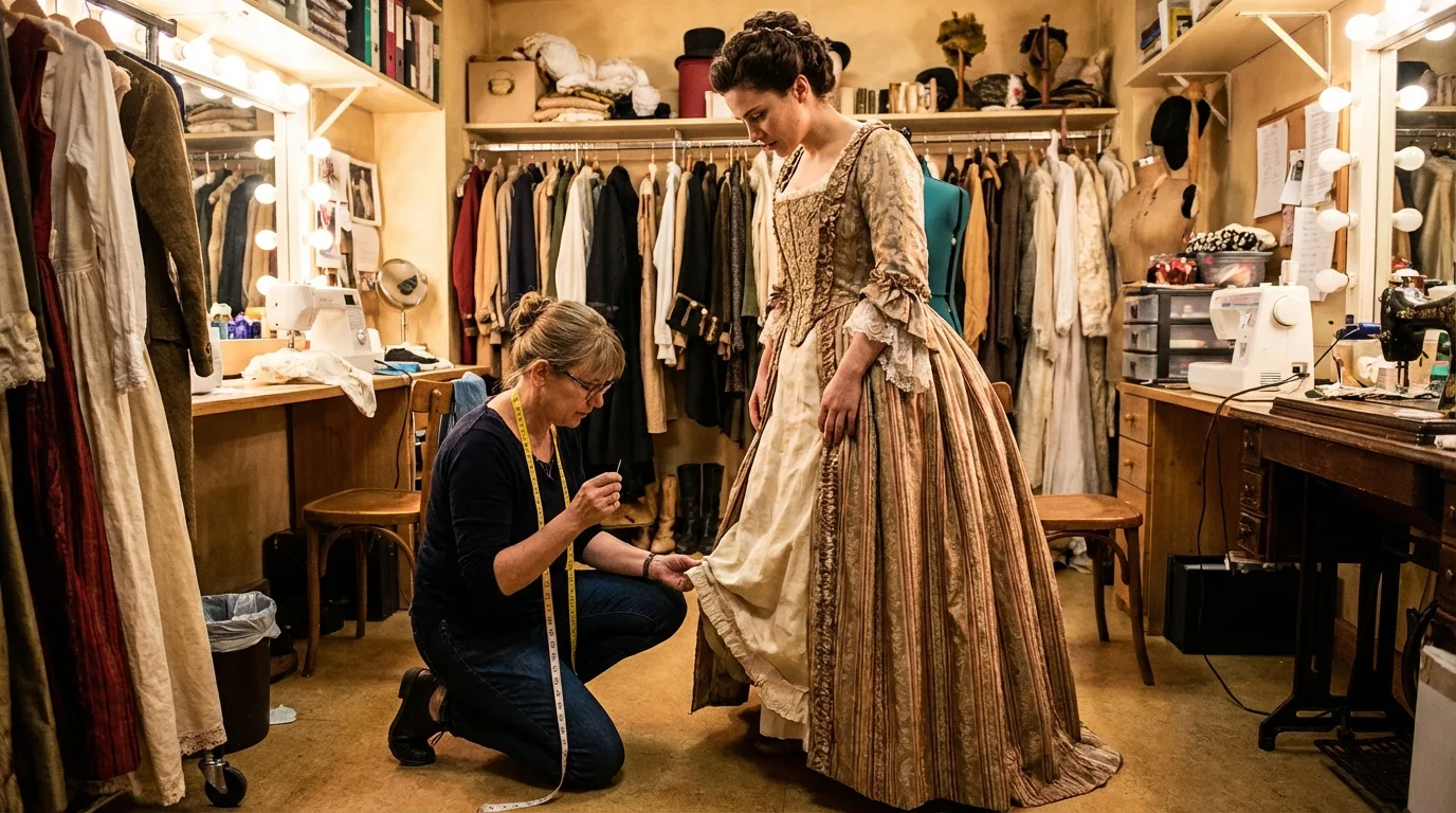 A costumer swiftly repairs a tear in a vibrant stage dress backstage, ensuring the show goes on without a hitch.