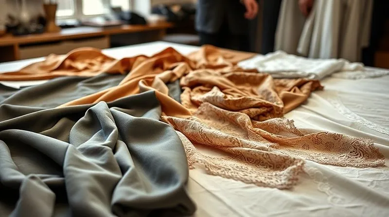 A photorealistic, professional photography, 8K image showcasing an array of luxurious haute couture fabrics – flowing silks, structured brocades, delicate laces – meticulously draped and layered on a large design table in an atelier. A tailor's hand is visible, gently touching a piece of fabric, assessing its drape and texture. Cinematic lighting, sharp focus on the fabrics, depth of field blurring the background, shot on a high-end DSLR. The scene conveys the tactile and strategic importance of material choice.