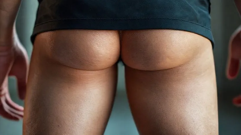 photorealistic, professional photography, 8K, cinematic lighting, sharp focus, depth of field, shot on a high-end DSLR. A close-up shot of an athlete's inner thigh area, showing the seam detail of activewear shorts. One side illustrates a traditional, slightly raised seam, while the other side showcases a flatlock or completely bonded, seamless design, emphasizing its smooth, irritation-free profile against the skin. The lighting highlights the flat, ergonomic nature of the improved seam.