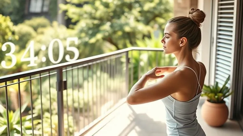 A serene woman practicing gentle yoga stretches on a sunlit balcony overlooking a lush garden, with a sense of calm and well-being. Her skin looks fresh and naturally radiant. Photorealistic, professional photography, 8K, cinematic lighting, sharp focus, depth of field.