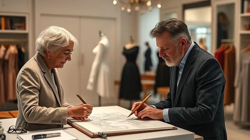 A photorealistic, professional photography, 8K, cinematic lighting, sharp focus, depth of field, shot on a high-end DSLR, of a couturier sketching intently while engaging in a deep conversation with a discerning client in a luxurious atelier, subtle gestures conveying understanding and trust.