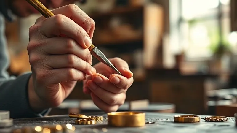 A photorealistic close-up of a master jeweler's hands, in sharp focus, using traditional tools like a graver or a small hammer to meticulously sculpt fine details onto a gold setting. The background is softly blurred, showing a warm, inviting workshop with natural light streaming in, highlighting the textures of metal and the jeweler's focused concentration. Professional photography, 8K, cinematic lighting, depth of field.