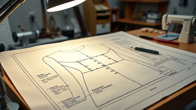 A photorealistic image of a detailed costume design blueprint showing stress points and reinforcement notes, illuminated by a desk lamp in a professional costume workshop. Professional photography, 8K, cinematic lighting, sharp focus on the blueprint, depth of field blurring sewing tools in the background, conveying meticulous planning.