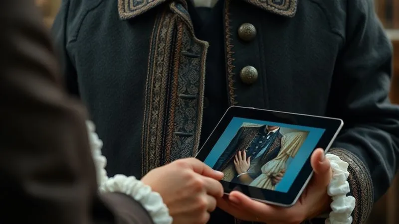 A photorealistic image of a wardrobe supervisor meticulously comparing a repaired section of a historical costume to a high-resolution continuity photo on a tablet, ensuring an invisible mend. Professional photography, 8K, cinematic lighting, sharp focus on the costume and tablet screen, depth of field blurring the background, conveying attention to detail and continuity.