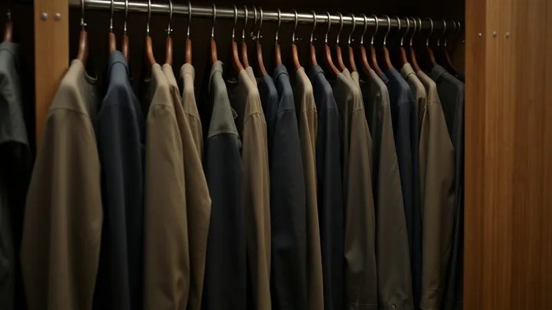 A photorealistic, high-angle shot of a wardrobe department's organized storage rack, showcasing multiple identical movie costumes hanging neatly, ready for quick access. Professional photography, 8K, cinematic lighting, sharp focus on the costumes, depth of field blurring the background, conveying preparedness and efficiency.