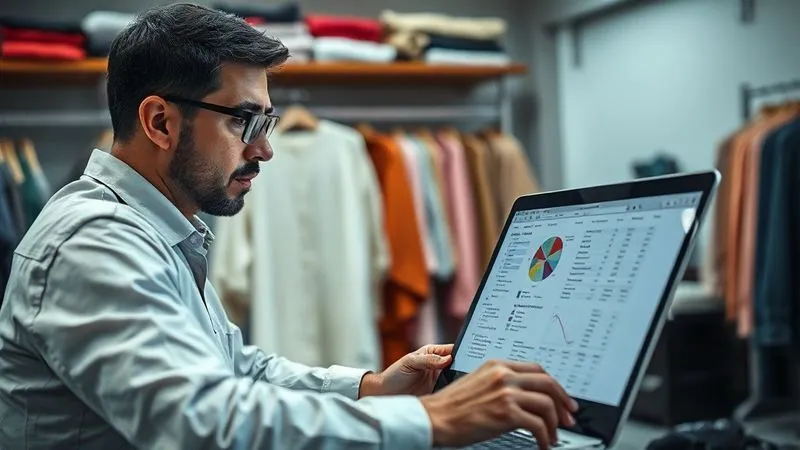 A photorealistic image of a wardrobe supervisor reviewing a digital repair log on a laptop, with various fabric swatches and a sewing kit subtly in the background, conveying a systematic approach to learning and improvement. Professional photography, 8K, cinematic lighting, sharp focus on the laptop screen and the supervisor's thoughtful expression, depth of field blurring the workshop setting, emphasizing data analysis.