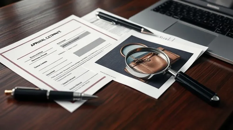 A photorealistic, professional flat lay shot showing a collection of essential documents for luxury item insurance: an appraisal certificate, original purchase receipt, a high-resolution photograph of a designer handbag, and a magnifying glass resting on a detail, all meticulously arranged on a sophisticated dark wood desk. Cinematic lighting, sharp focus on the documents, depth of field subtly blurring a pen and a laptop in the background, 8K hyper-detailed.