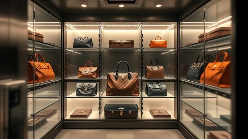A photorealistic, professional image of a secure, climate-controlled vault or high-end walk-in closet, specifically designed for luxury handbags, with several iconic bags visible on illuminated shelves. The atmosphere is one of meticulous care and protection. Cinematic lighting, sharp focus on the bags and the secure environment, depth of field creating a sense of depth and security, 8K hyper-detailed.
