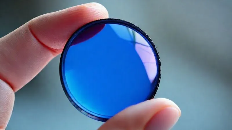 A close-up, photorealistic image of a blue light blocking lens, held delicately between two fingers. The lens exhibits a subtle, almost invisible tint with a faint blue or purple reflection on its surface, symbolizing its filtering properties. The background is softly blurred. Professional photography, 8K, cinematic lighting, sharp focus on the lens, depth of field, shot on a high-end DSLR.