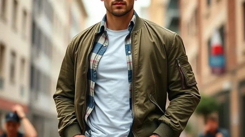 A photorealistic shot of a stylish man in a layered casual outfit: a white crewneck t-shirt beneath an open chambray shirt, topped with a well-fitted olive green bomber jacket. He stands casually with hands in pockets, exuding confidence. Professional photography, 8K, cinematic lighting highlighting the textures, sharp focus on the layering, depth of field blurring a soft urban background, shot on a high-end DSLR.