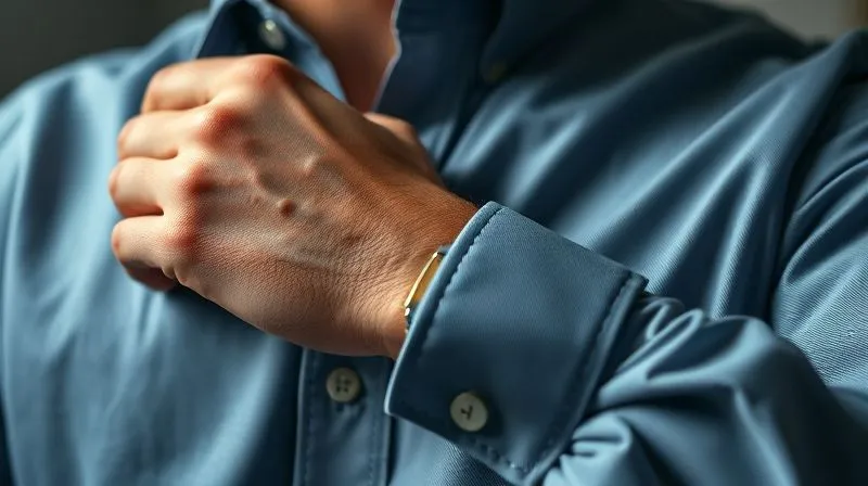 A photorealistic close-up of a man's hand adjusting a crisp collar of a casual button-down shirt, with a stylish watch peeking from the cuff. The focus is on the details of the fabric, stitching, and the elegant simplicity of the watch. Professional photography, 8K, cinematic lighting, sharp focus on the hand and fabric, depth of field blurring the background, shot on a high-end DSLR.