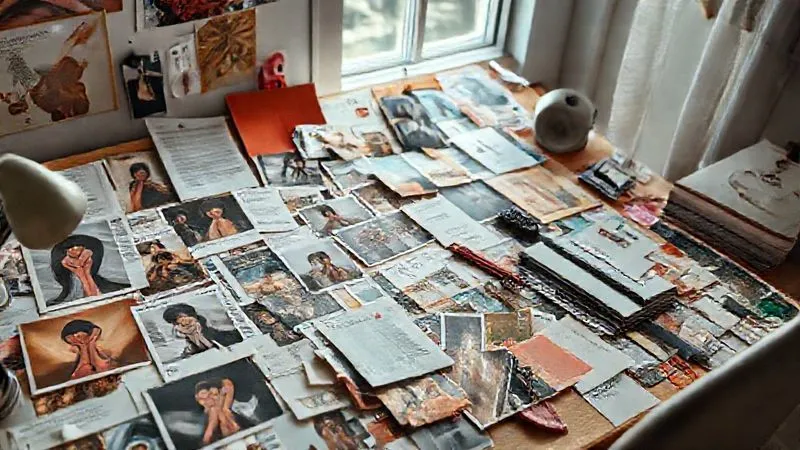 A photorealistic, professional photography, 8K, cinematic lighting, sharp focus, depth of field shot of a creative's desk, covered in a meticulously curated physical mood board. The board features a collage of diverse elements: torn magazine pages with avant-garde fashion, swatches of luxurious fabrics, faded polaroids, handwritten notes, and abstract color palettes, all arranged to convey a distinct, evolving artistic vision. Soft, natural light streams in from a window, highlighting the textures and details of the creative materials.