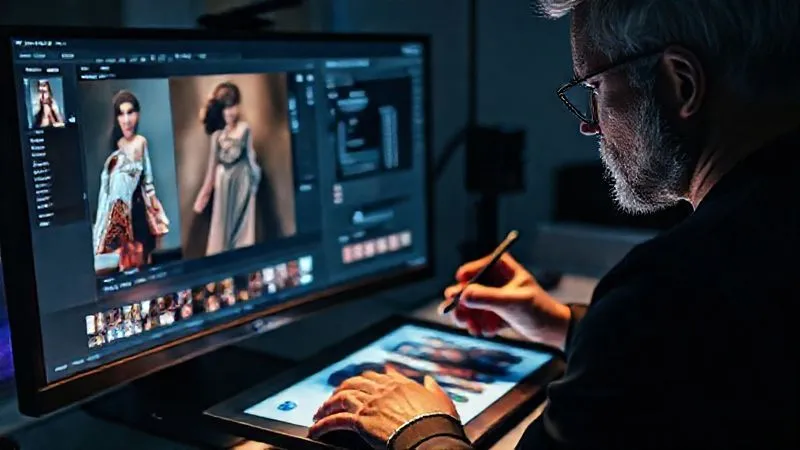 A photorealistic, professional photography, 8K, cinematic lighting, sharp focus, depth of field shot of a skilled retoucher meticulously working on a large, high-resolution monitor. The screen displays a fashion photograph, mid-edit, with layers and adjustment panels visible in the photo editing software. The retoucher's hands are precisely manipulating a stylus on a digital tablet, surrounded by color swatches and reference images. The ambient light from the screen illuminates their focused face, conveying deep concentration and artistic refinement.