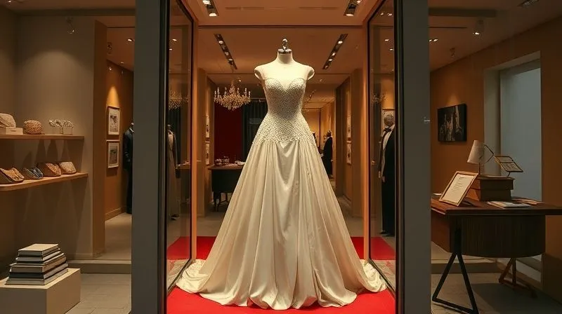 photorealistic, professional photography, 8K, cinematic lighting, sharp focus, depth of field, shot on a high-end DSLR, a luxurious boutique window display, featuring a stunning gown that mirrors one seen on a red carpet, with subtle, elegant storytelling elements around it – perhaps a small artisan's tool or a sketch, creating a narrative link between celebrity glamour and exquisite craftsmanship.