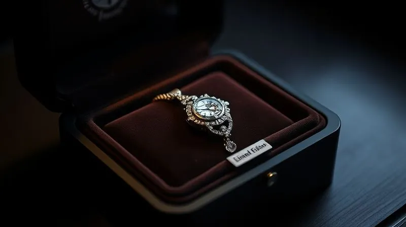 photorealistic, professional photography, 8K, cinematic lighting, sharp focus, depth of field, shot on a high-end DSLR, a single, exquisitely crafted luxury item (e.g., a diamond necklace or a bespoke watch) glowing softly in a velvet-lined display case, bathed in dramatic, cinematic lighting, with a subtle 'Limited Edition' tag reflecting exclusivity and desire.