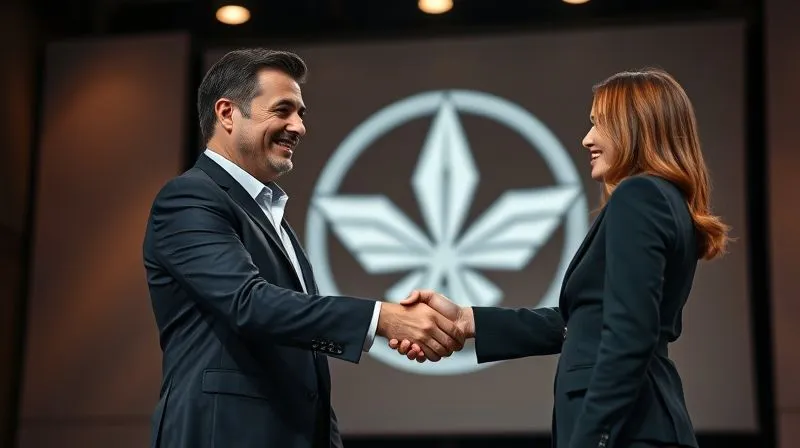 photorealistic, professional photography, 8K, cinematic lighting, sharp focus, depth of field, shot on a high-end DSLR, a confident brand executive shaking hands with a sophisticated celebrity on a softly lit stage, both smiling genuinely, with a blurred backdrop of an elegant brand logo, symbolizing a strong, enduring, and mutually beneficial long-term partnership.