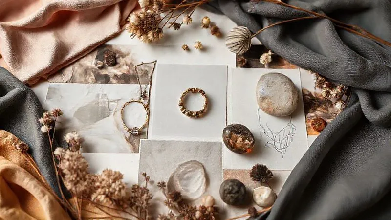 photorealistic, professional photography, 8K, cinematic lighting, sharp focus, depth of field, shot on a high-end DSLR. A beautifully arranged mood board for a jewelry collection, featuring fabric swatches, color palettes, nature elements like dried flowers and smooth stones, inspiring photographs, and delicate sketches of abstract and organic jewelry forms. The overall aesthetic is elegant and cohesive.