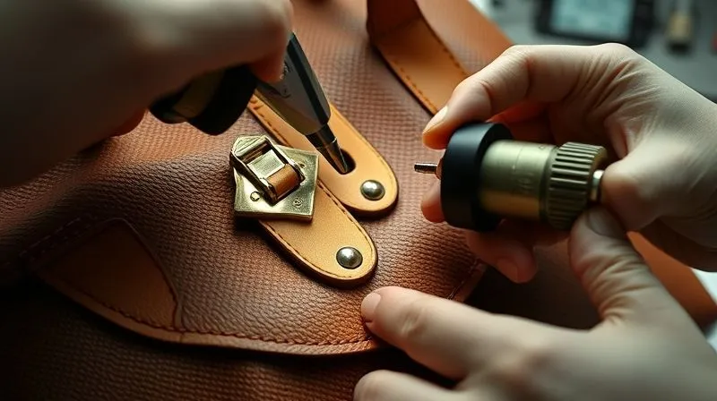 A photorealistic close-up of a vintage luxury handbag's hardware and stitching being meticulously examined under a high-magnification lens by a professional authenticator. The scene is sterile and well-lit, with various authentication tools subtly visible in the background. 8K hyper-detailed, professional photography, sharp focus on the details, depth of field blurring the background, shot on a high-end DSLR.