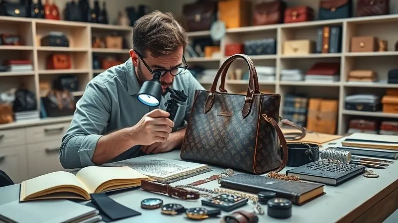 A photorealistic, highly organized and brightly lit workshop table with various vintage luxury items (bags, watches, accessories) meticulously laid out. A professional is using a jeweler's loupe and a UV light to inspect a handbag, surrounded by notebooks and reference guides. The background shows neatly arranged shelves of authenticated inventory. 8K hyper-detailed, professional photography, cinematic lighting, sharp focus on the inspection, depth of field blurring the background, shot on a high-end DSLR.