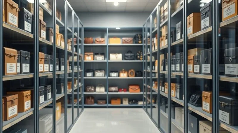 A photorealistic, brightly lit and secure storage room for vintage luxury items. Each item is individually protected and labeled, with a digital inventory system visible on a tablet. The shelves are neatly organized, and the overall impression is one of meticulous care and security, emphasizing prevention and organization. 8K hyper-detailed, professional photography, cinematic lighting, sharp focus on the organized items, depth of field blurring the background, shot on a high-end DSLR.