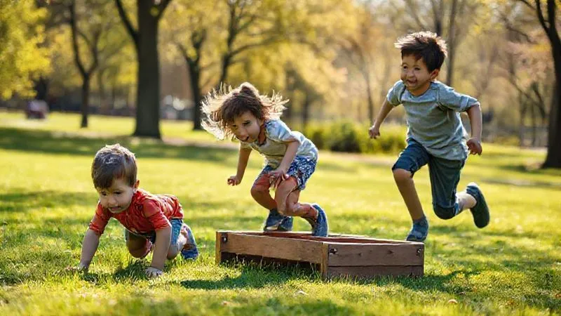 A photorealistic image of three diverse children, aged approximately 2, 6, and 9, each engaged in energetic play in a vibrant, sunlit park. The toddler is crawling on grass, the preschooler is climbing a low wooden structure, and the older child is mid-run. Their clothing appears comfortable, flexible, and withstands the activity. Professional photography, 8K, cinematic lighting, sharp focus on the children, depth of field blurring the background slightly.
