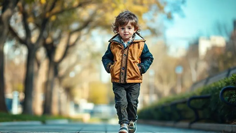 A photorealistic image of a stylishly dressed child, about 5 years old, confidently walking in an urban park setting. The child wears a reversible jacket (one side durable, one side fashion-forward) and well-fitting, sturdy trousers. The lighting is bright and natural, highlighting the texture and quality of the clothing. Professional photography, 8K, cinematic lighting, sharp focus on the child's outfit, depth of field blurring the city park background.
