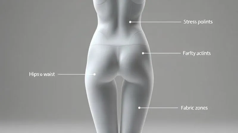 A photorealistic 3D rendering of a human body model, overlaid with translucent panels and lines indicating stress points and fabric stretch zones, specifically around the hips, waist, and thighs during a yoga inversion. Professional photography, 8K, cinematic lighting, sharp focus.