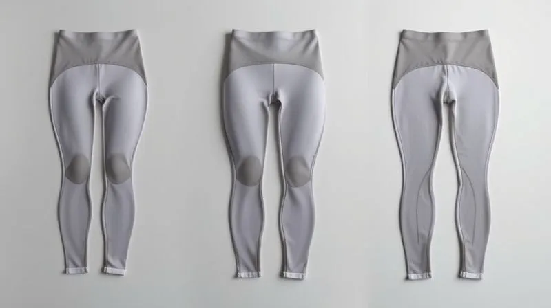 A photorealistic detailed flat lay image of unsewn yoga legging pattern pieces, clearly showing distinct contoured panels for the waist, hips, and legs, with subtle gradient shading indicating varying compression zones. The pattern pieces are arranged neatly on a neutral background, professional photography, 8K, cinematic lighting, sharp focus.