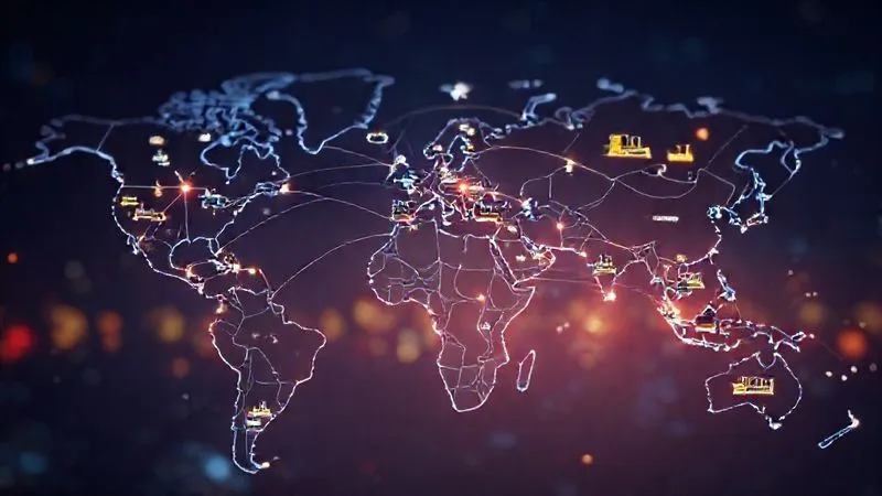 A complex, interconnected global supply chain visualized as glowing lines connecting various industrial sites (fabric mills, sewing factories, distribution centers) on a stylized world map. The lines are distinctively colored, representing different stages of production, emphasizing transparency and ethical flow. Photorealistic, professional photography, 8K, cinematic lighting, sharp focus, depth of field.