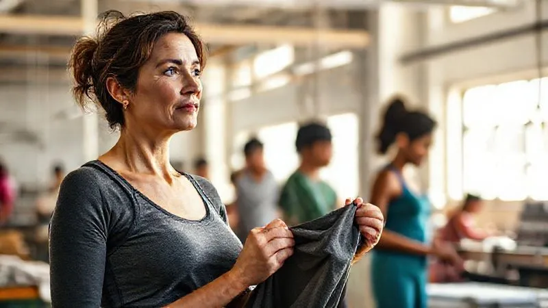 A photorealistic, professional photography, 8K, cinematic lighting, sharp focus, depth of field. A female founder, with a genuine, determined expression, stands in a vibrant, sunlit activewear factory. She is holding a piece of eco-friendly fabric, looking thoughtfully at a diverse team of skilled artisans working collaboratively in the background. The scene conveys innovation, passion, and ethical production, with natural light streaming through large windows.