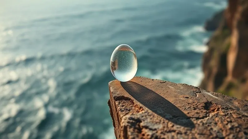 Photorealistic, professional photography, 8K, cinematic lighting, sharp focus, depth of field, shot on a high-end DSLR. A single, delicate glass egg precariously balanced on the edge of a cliff, with a vast, turbulent ocean stretching into the distance. The scene is dramatic and slightly unsettling, symbolizing financial risk and instability.