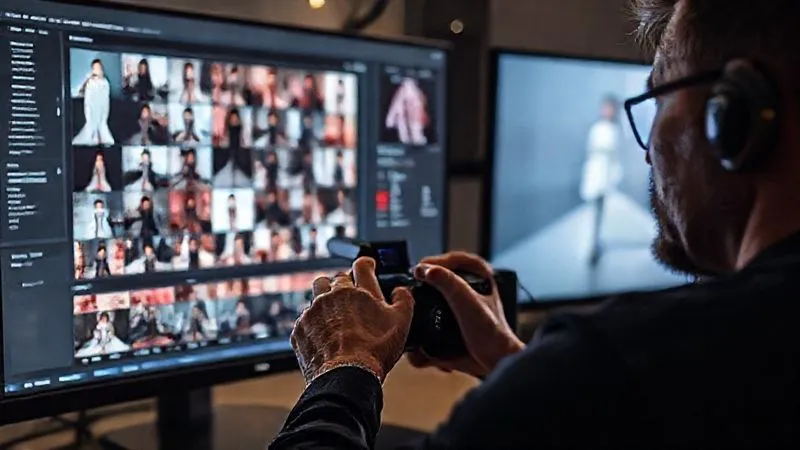 A professional photographer's hands rapidly navigating a photo editing software interface on a large, color-calibrated monitor, displaying a grid of runway fashion images. The interface shows various presets and batch processing options highlighted, with a subtle glow from the screen on the photographer's focused face. Photorealistic, professional photography, 8K, cinematic lighting, sharp focus, depth of field, shot on a high-end DSLR.