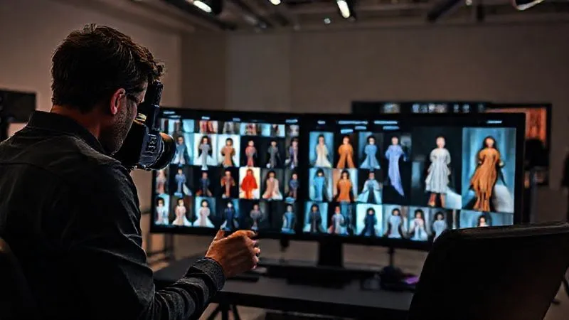 A professional fashion photographer and their assistant meticulously reviewing a grid of final edited runway images on two large, high-resolution monitors in a sleek, modern studio, with color-calibrated screens displaying vibrant fashion photography. The atmosphere is focused and calm, indicating the successful completion of a demanding project. Photorealistic, professional photography, 8K, cinematic lighting, sharp focus, depth of field, shot on a high-end DSLR.