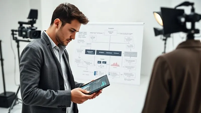 A professional fashion photographer thoughtfully reviewing a digital workflow diagram or a performance analytics dashboard on a tablet, surrounded by high-tech photography equipment in a clean, minimalist studio. The diagram shows interconnected steps for photo culling and editing, with some sections highlighted for improvement. Photorealistic, professional photography, 8K, cinematic lighting, sharp focus, depth of field, shot on a high-end DSLR.