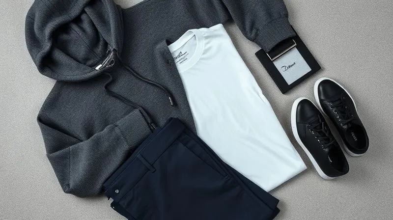 A photorealistic, professional photography, 8K, cinematic lighting, sharp focus, depth of field, shot on a high-end DSLR, showing a flat lay of curated professional streetwear. Items include a folded charcoal grey merino wool hoodie, a crisp white premium cotton t-shirt, tailored navy trousers, and sleek black leather minimalist sneakers. A high-quality silver watch and a simple black leather belt are neatly placed. The color palette is sophisticated and muted, emphasizing quality and intentionality.