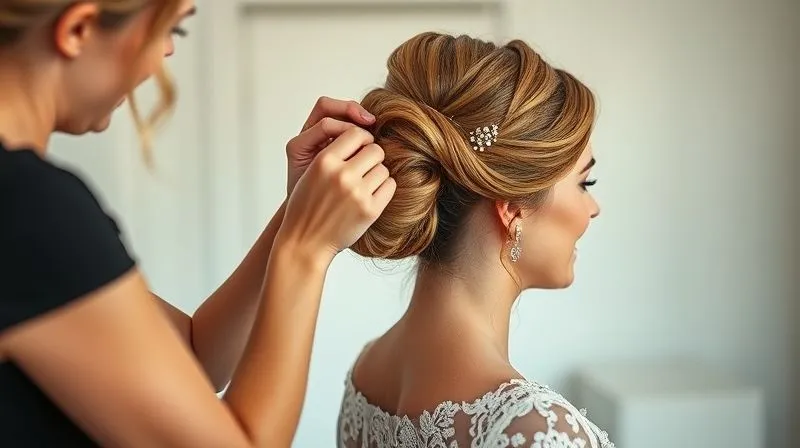 A photorealistic, professional photography, 8K, cinematic lighting, sharp focus, depth of field, shot on a high-end DSLR, a skilled bridal hairstylist meticulously working on a bride's intricate updo during a trial session, the stylist's hands are precise, the bride looks relaxed and happy in a bright, airy studio.