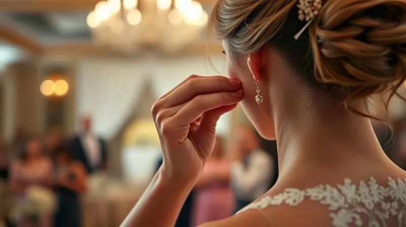 A photorealistic, professional photography, 8K, cinematic lighting, sharp focus, depth of field, shot on a high-end DSLR, a close-up of a bride's calm hand delicately re-securing a stray strand of hair with a bobby pin into her elegant bridal updo, soft focus on the background of a bustling wedding venue.