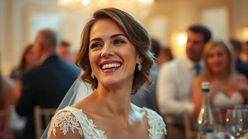 A photorealistic, professional photography, 8K, cinematic lighting, sharp focus, depth of field, shot on a high-end DSLR, a happy bride laughing heartily, her perfectly styled hair catching the light, looking confident and radiant at her wedding reception, soft background blur of guests enjoying themselves.