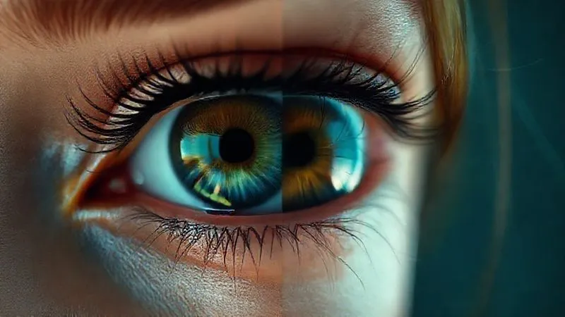 photorealistic, professional photography, 8K, cinematic lighting, sharp focus, depth of field, shot on a high-end DSLR. A split image showing on one side a vibrant, stylish eye with a fashion contact lens, representing allure, and on the other side, a slightly blurred, distressed eye, symbolizing potential risks. The transition between the two sides should be subtle but impactful, conveying the dual nature of the market.