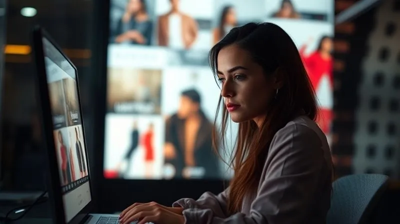 A photorealistic image of a lone, dimly lit fashion blogger staring at a fading computer screen, surrounded by a blur of fast-moving digital fashion content, conveying a sense of being overwhelmed and left behind. Professional photography, 8K, cinematic lighting, sharp focus on the blogger's face, depth of field blurring the background, shot on a high-end DSLR.