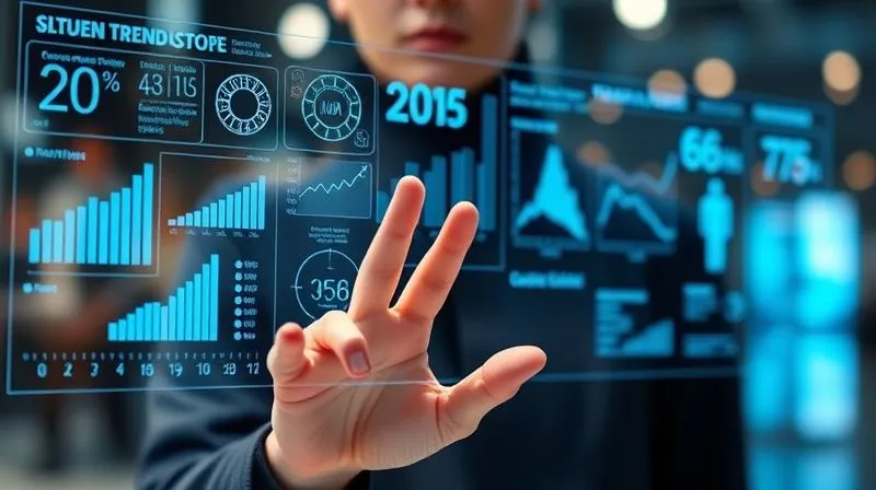 A photorealistic image of a sleek, holographic display showing complex fashion trend data visualizations (graphs, charts, heatmaps) overlaid on a futuristic fashion model, with a human hand interacting with the display. Professional photography, 8K, cinematic lighting, sharp focus on the holographic data, depth of field blurring the background, shot on a high-end DSLR.