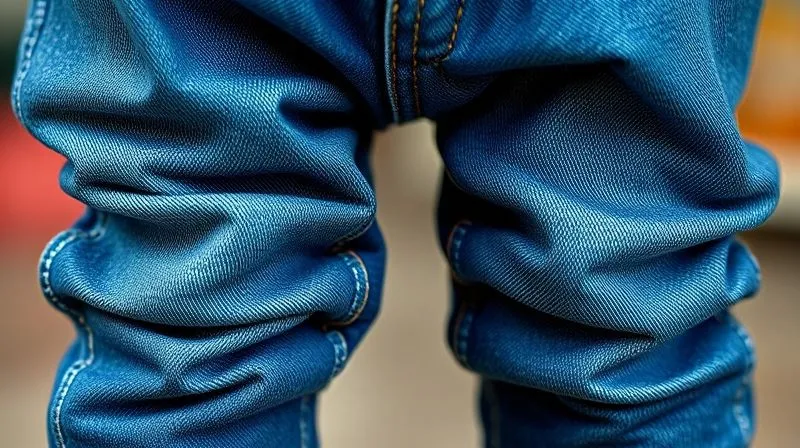 A photorealistic close-up of a child's denim jeans, showing reinforced knees with visible stitching and a flexible, gusseted crotch. The fabric has a durable, slightly worn texture. Professional photography, 8K, cinematic lighting, sharp focus on the details, depth of field blurring the background, shot on a high-end DSLR.