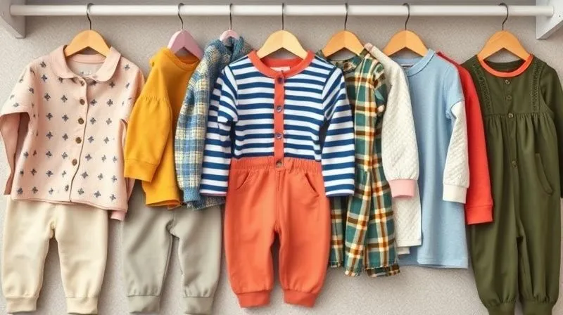 A photorealistic flat lay of a child's wardrobe, neatly organized into sections for 'Play', 'Sleep', and 'Outdoor'. Each section features clothing made from different sustainable fabrics like organic cotton, hemp, and recycled polyester, with clear labels for fabric types. Professional photography, 8K, cinematic lighting, sharp focus on the textures, depth of field blurring the background, shot on a high-end DSLR.