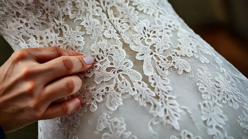 photorealistic, professional photography, 8K, cinematic lighting, sharp focus, depth of field, shot on a high-end DSLR. Skilled hands meticulously pinning a delicate new lace appliqué over a visibly torn section of an intricate bridal gown, demonstrating careful placement and the art of camouflage. The lighting highlights the texture of both the original and new lace, showing the potential for seamless integration.