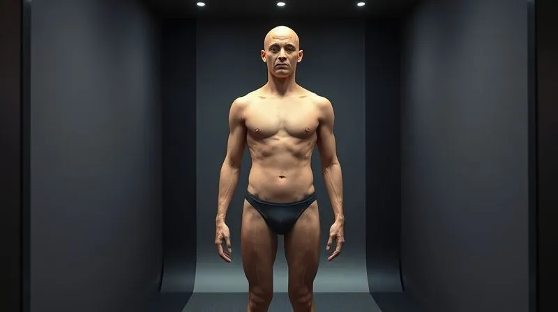 A photorealistic image of a person standing perfectly still in a 3D body scanner, wearing minimal, form-fitting clothing, with clear markers on their body. The scanner emits subtle laser lines, all in a controlled, well-lit environment. Professional photography, 8K, cinematic lighting, sharp focus, depth of field, shot on a high-end DSLR.