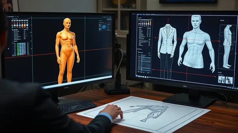 A photorealistic image of a digital tailor's workstation, showing a complex 3D body scan model on one screen and a corresponding 2D apparel pattern being digitally drafted on another. Overlays of measurement lines and adjustment points are visible, emphasizing precision. Professional photography, 8K, cinematic lighting, sharp focus, depth of field, shot on a high-end DSLR.