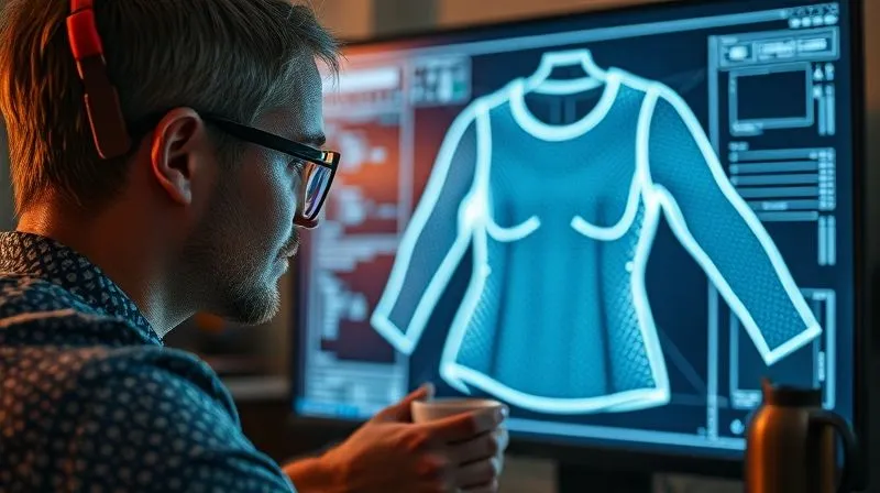 A photorealistic image of a designer intensely focused on a large monitor displaying a 3D activewear garment prototype, with fabric textures and stitching clearly visible. The screen glows with intricate digital details, reflecting on the designer's glasses, surrounded by design tools and coffee, 8K, cinematic lighting, sharp focus, depth of field, professional photography, shot on a high-end DSLR.