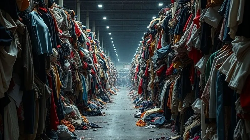 Photorealistic, professional photography, 8K, cinematic lighting, sharp focus, depth of field, shot on a high-end DSLR. A vast, dimly lit warehouse aisle overflowing with discarded, tangled fashion garments and textile waste, creating a chaotic and overwhelming scene. The mood is somber and conveys the immense problem of overproduction, with subtle dust motes catching the light. No people or brand logos are visible.