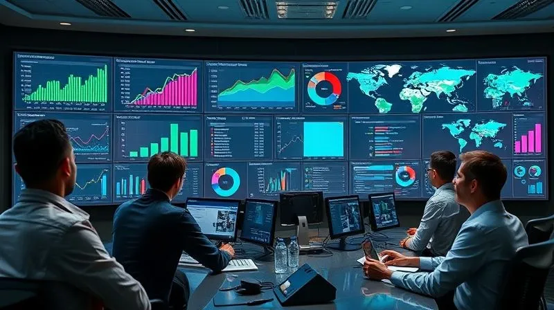 Photorealistic, professional photography, 8K, cinematic lighting, sharp focus, depth of field, shot on a high-end DSLR. A sleek, modern command center dashboard displaying complex AI demand forecast graphs, real-time sales data, inventory levels, and global supply chain maps on multiple screens. A diverse team of fashion technologists and data analysts are collaborating around the screens, pointing to data visualizations, with a sense of focused innovation and control. The atmosphere is high-tech and efficient.