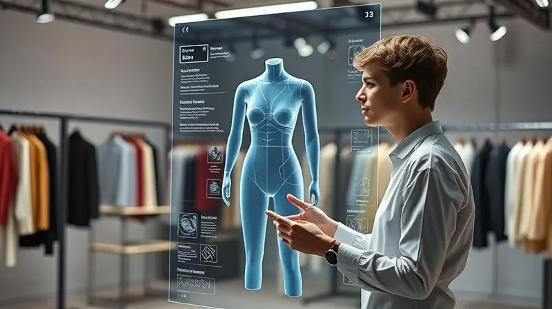 Photorealistic, professional photography, 8K, cinematic lighting, sharp focus, depth of field, shot on a high-end DSLR. A conceptual image of a futuristic fashion design studio. A designer is interacting with a transparent holographic display showing a 3D garment model, overlaid with real-time consumer trend data visualizations and fabric material properties. AI interfaces are subtly integrated into the environment, suggesting intelligent design assistance and predictive trend analysis. The mood is innovative, clean, and forward-looking.